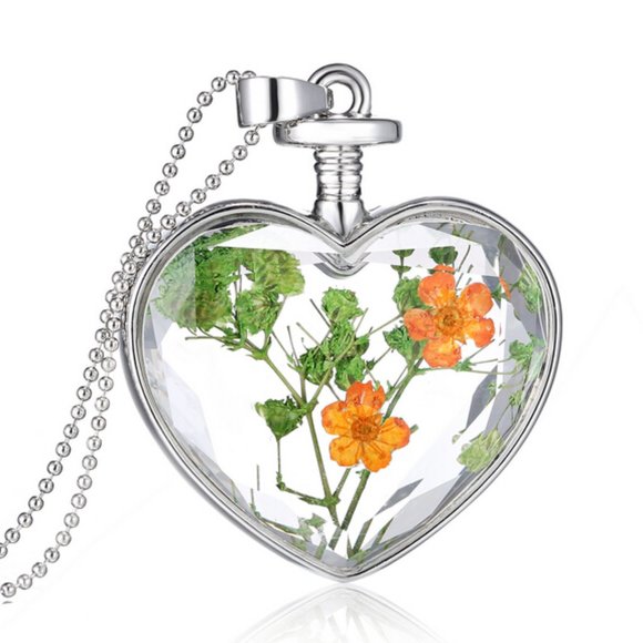 18-K White Gold Real Dried Flower Heart Necklace - Picture 2 of 2